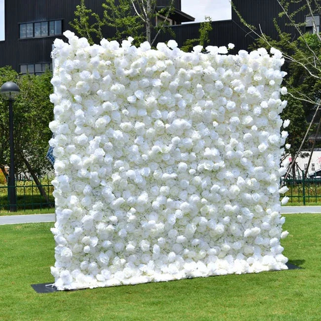 EG-M041 5D 8ft X 8ft Roll up Fabric Flower Wall Artificial Rose White Flower Wall for Wedding Backdrop Decoration