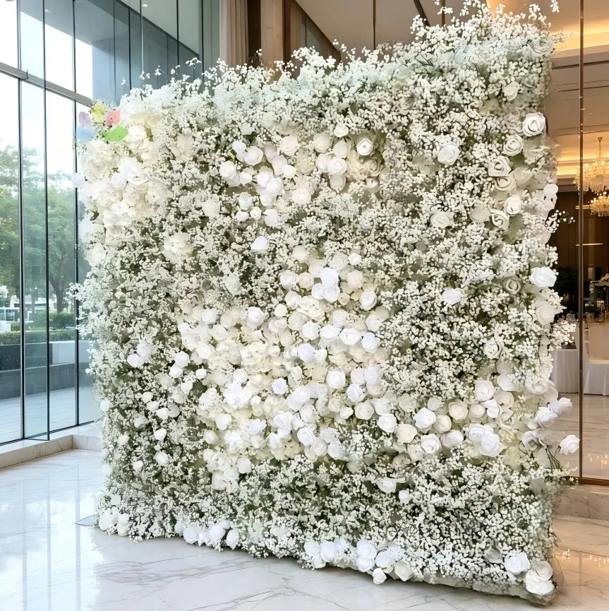 White Baby Breath Rose Artificial Flower Wall Backdrop Roll up 5D Simulation Floral Wall Wedding Banquet Hall Event Photo