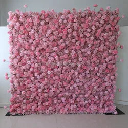 A01 Custom Pink White Floral Wall Panel Backdrop 3D 5D Roll up Zipper Fabric Artificial Silk Rose Flower Wall for Wedding Decor - #19 437