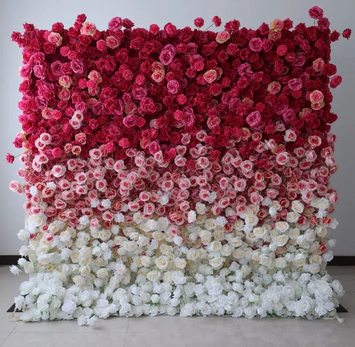 A01 Custom Pink White Floral Wall Panel Backdrop 3D 5D Roll up Zipper Fabric Artificial Silk Rose Flower Wall for Wedding Decor