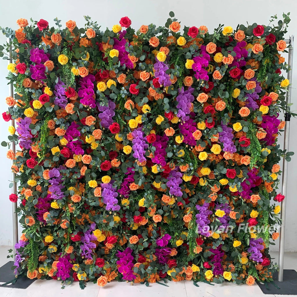 Hot Selling 8ft X 8ft Colorful Artificial Flower Wall Panel Wedding Backdrop with Floral Arrangement