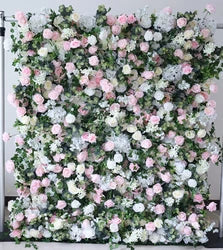 A01 Custom Pink White Floral Wall Panel Backdrop 3D 5D Roll up Zipper Fabric Artificial Silk Rose Flower Wall for Wedding Decor - #24 403