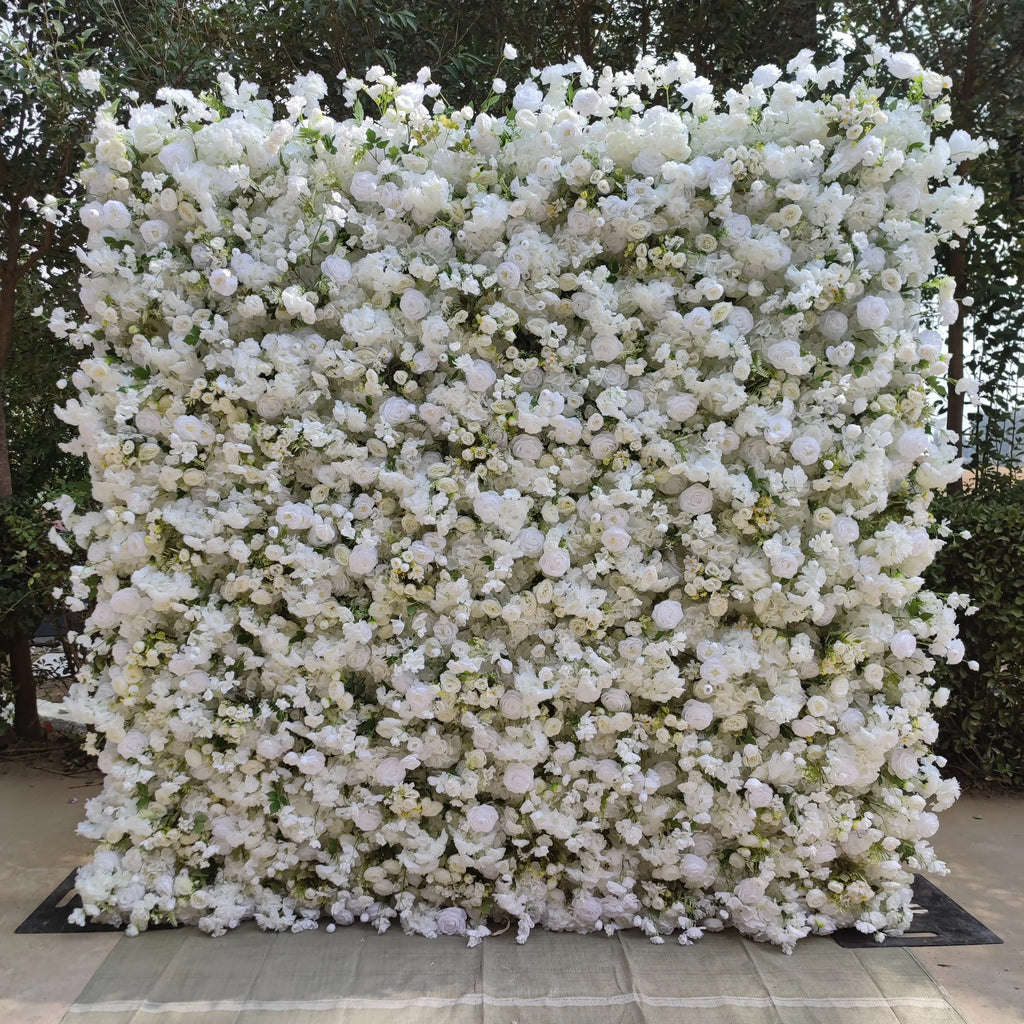 DKB Custom Wedding Decoration Roll up Flower Wall 3D Floral Cloth Flower Wall White Rose Flower Wall Backdrop for Wedding Decor