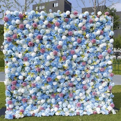 3d Flower Background Artificial Flower Wall Panels Decoration Blue Silk Rose 8x8 Roll up Flower Wall Wedding Backdrops
