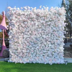 Wholesale Artificial Flower Wall 8ft X 8ft White Roll up Flower Wall Panel Silk Rose Wall Backdrop for Wedding Decoration