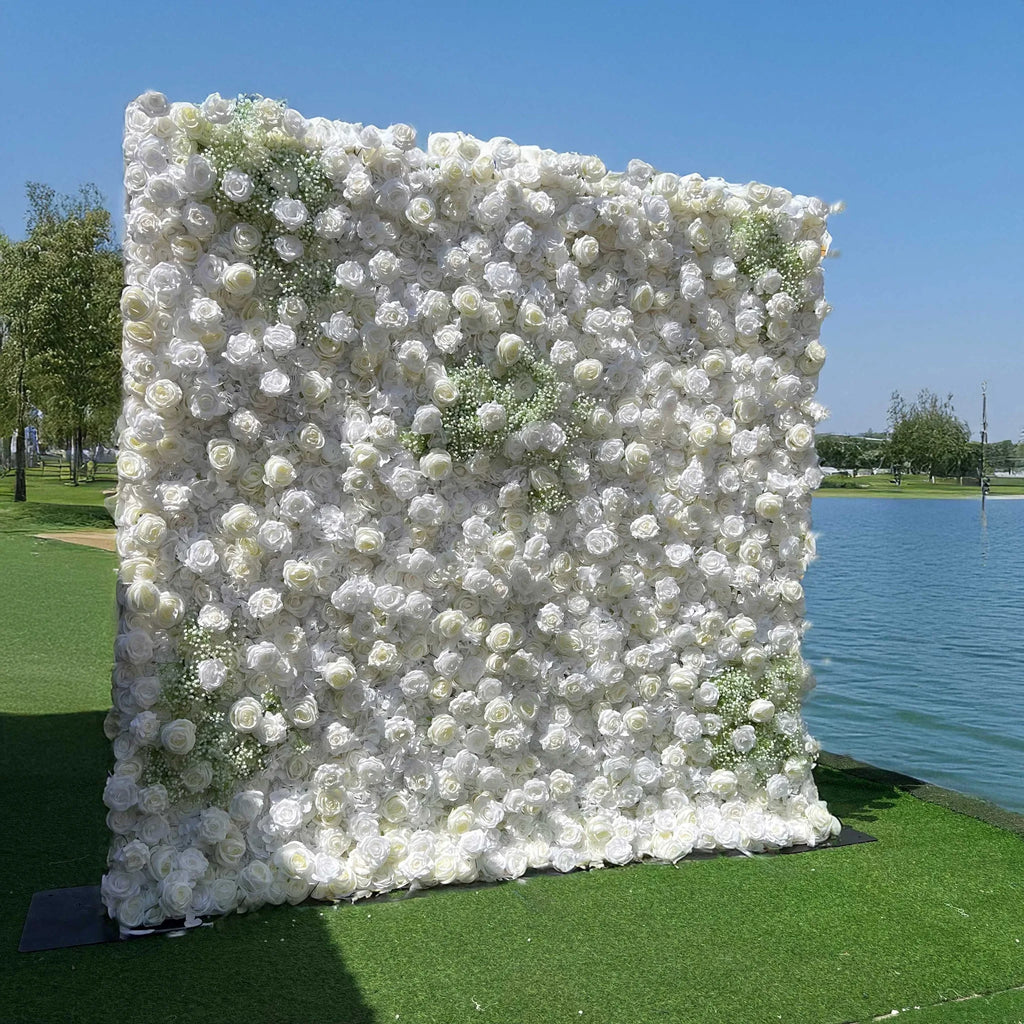 Luxury Modern Detachable 3D Roll-Up Zipper Artificial Silk Baby's Breath Flower Wall Backdrop 8ft X 8ft White Wedding Decoration