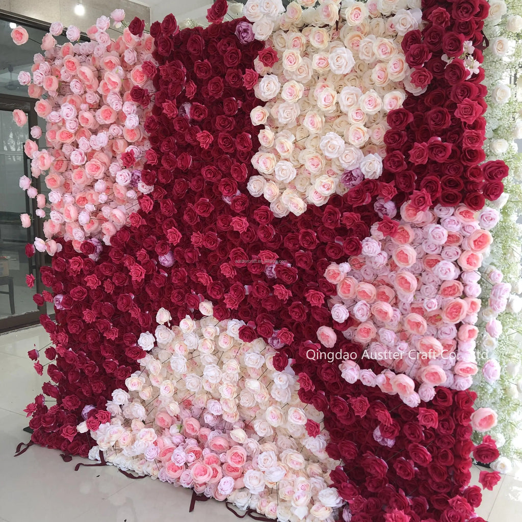High Quality 3D Silk Floral Panel Custom 5D/8D Artificial Rose Flower Wall Wedding Christmas Graduation Stage Background