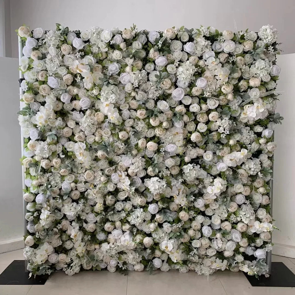 A01 Custom Pink White Floral Wall Panel Backdrop 3D 5D Roll up Zipper Fabric Artificial Silk Rose Flower Wall for Wedding Decor