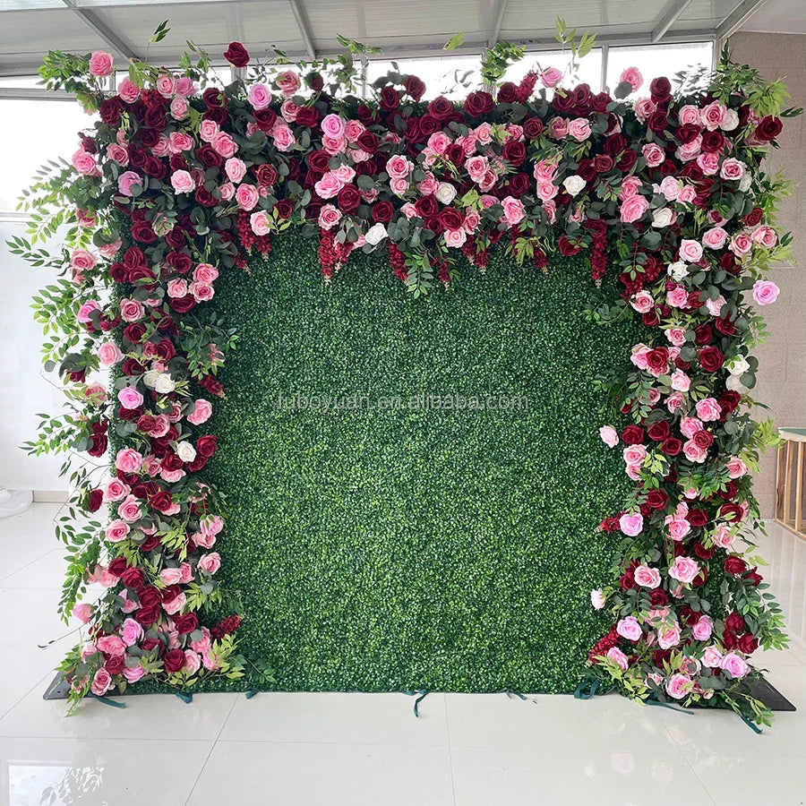 F198 Luxury Restaurant Wall Backdrop Decor Burgundy Flower Mat Artificial 3D 5D Red Faux Silk Rose Flower Wall for Wedding Event
