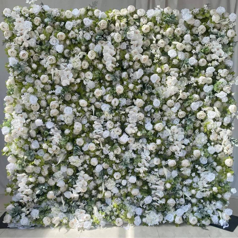 8x8 ft Artificial Flower Wall Panel Backdrop Roll up  Silk White Rose Morning Flower Wall Wedding Decorations