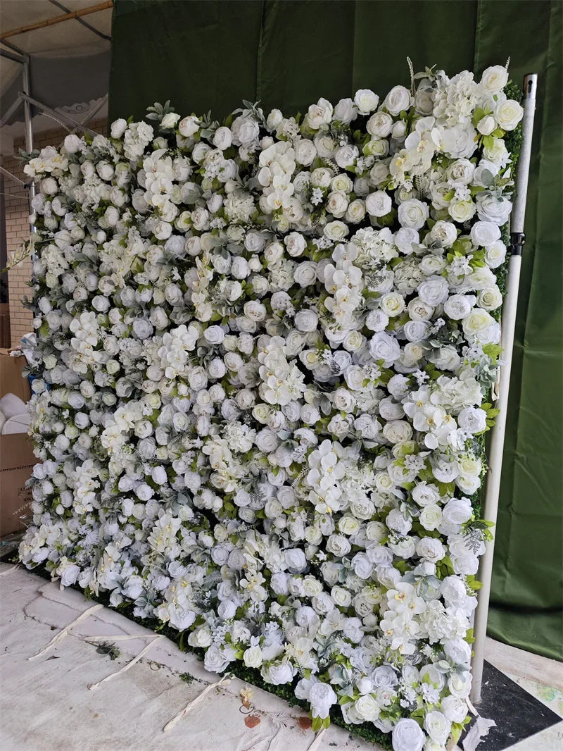 8x8 ft Artificial Flower Wall Panel Backdrop Roll up  Silk White Rose Morning Flower Wall Wedding Decorations