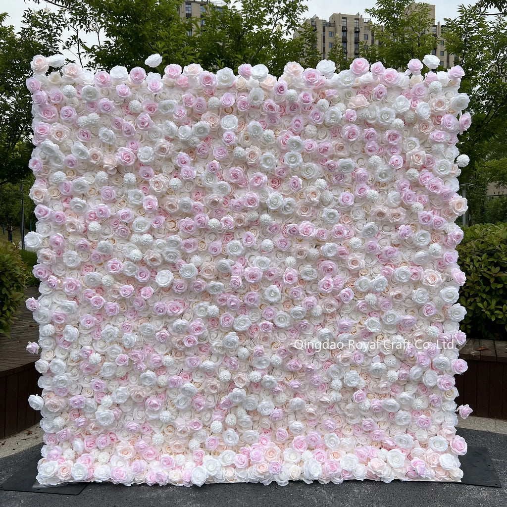 Custom 3d Roll up Fabric Cloth Base Pink Silk Rose Flowerwall Backdrop Panel Decor Artificial Flower Wall for Wedding Decor