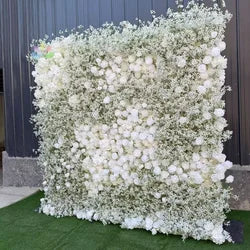 White Baby Breath Rose Artificial Flower Wall Backdrop Roll up 5D Simulation Floral Wall Wedding Banquet Hall Event Photo - 1*1ft / #9