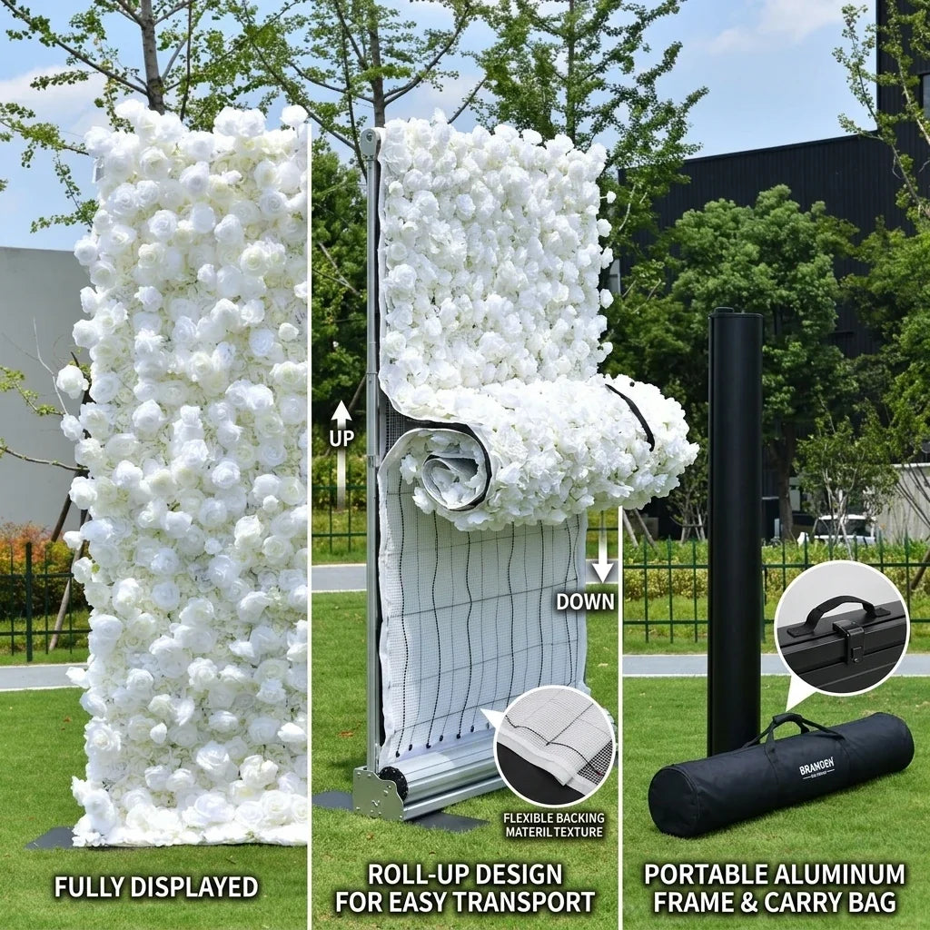 EG-M041 5D 8ft X 8ft Roll up Fabric Flower Wall Artificial Rose White Flower Wall for Wedding Backdrop Decoration