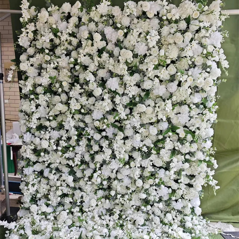 8x8 ft Artificial Flower Wall Panel Backdrop Roll up  Silk White Rose Morning Flower Wall Wedding Decorations