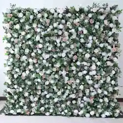 EG-M041 5D 8ft X 8ft Roll up Fabric Flower Wall Artificial Rose White Flower Wall for Wedding Backdrop Decoration - 1 Square Meter / Green 07