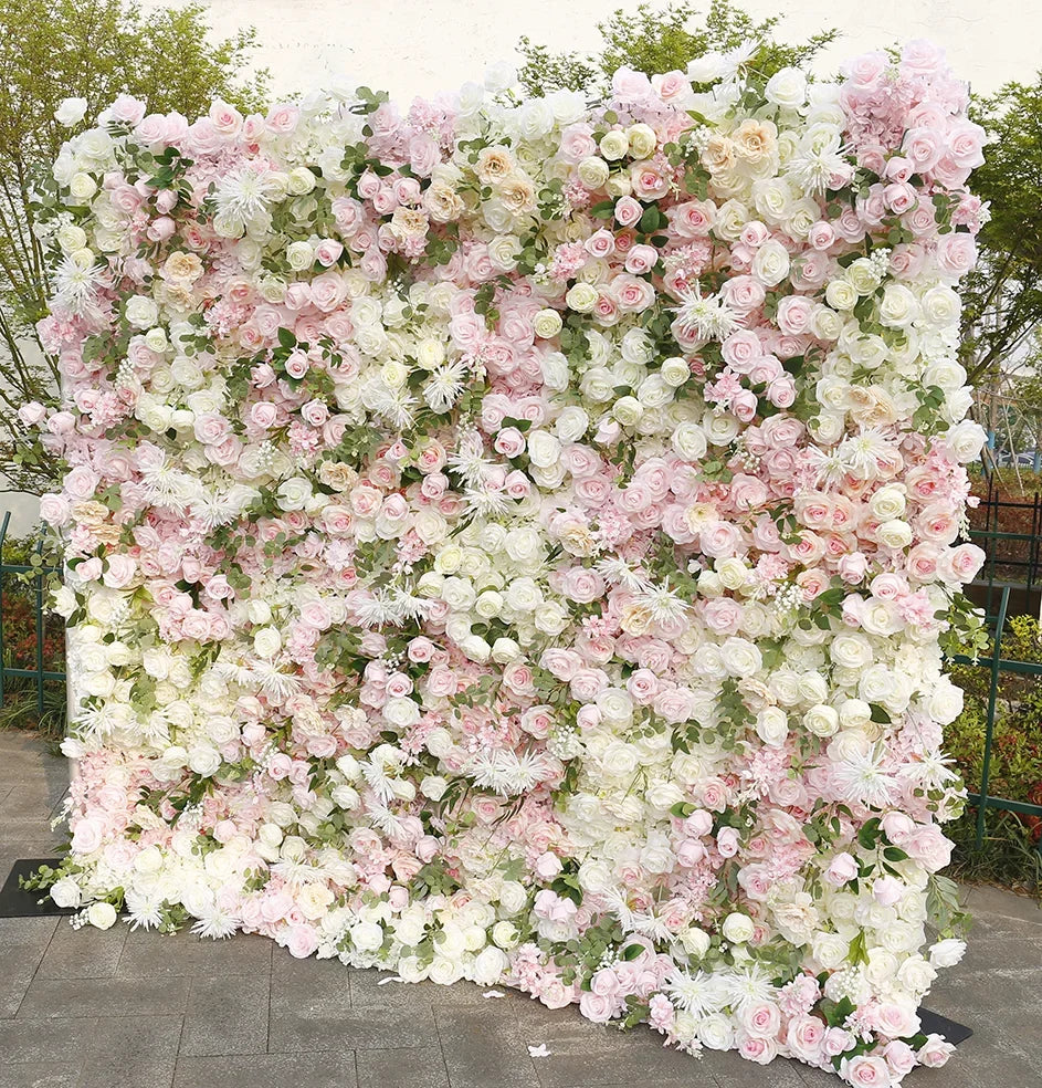 Hot Sale Luxury Custom-made Roll-up Artificial Flower Wall Pink & White Wedding Backdrop