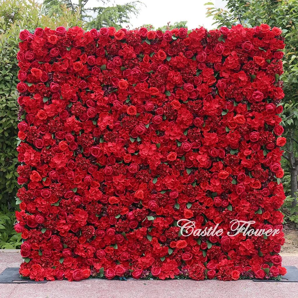 Customized 3D Silk Roll up Cloth Back Drop Panel 8ft X 8ft Wedding Events Artificial Red Rose Flower Wall Backdrop for Wedding