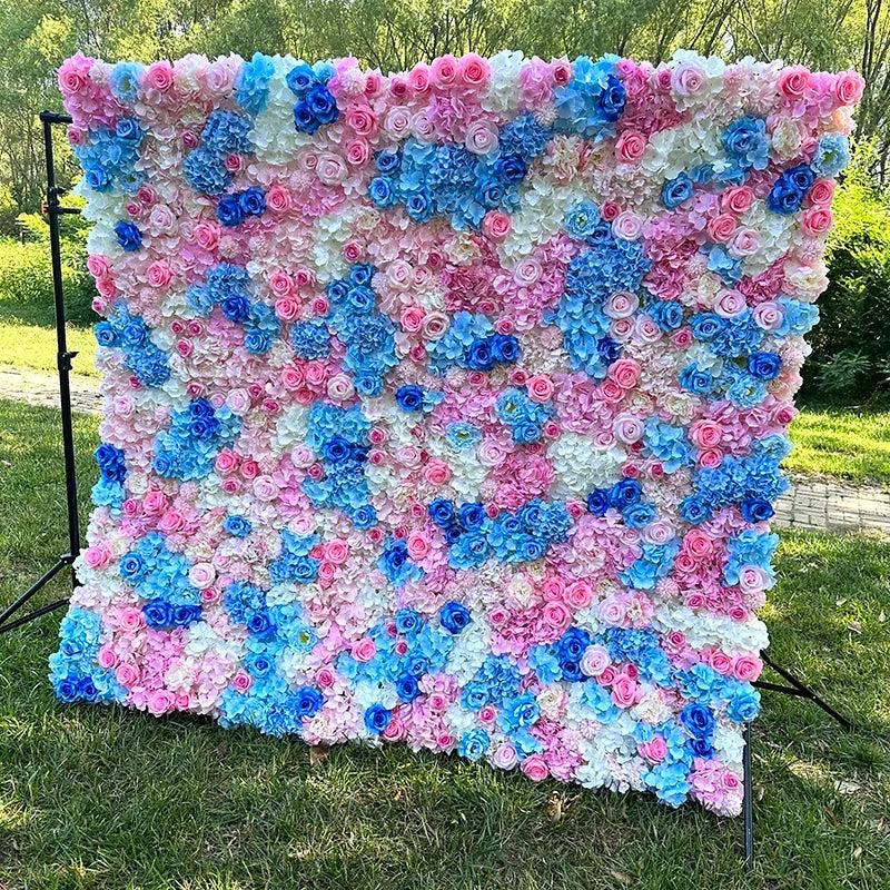 Custom 3D 5D Fabric Cloth Roll up Artificial Silk Rose Peony Flowers Wall Backdrop Panel Wedding Decor Artificial Flower Wall