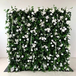 Custom 3d Roll up Fabric Cloth Base Pink Silk Rose Flowerwall Backdrop Panel Decor Artificial Flower Wall for Wedding Decor - #6 green and white