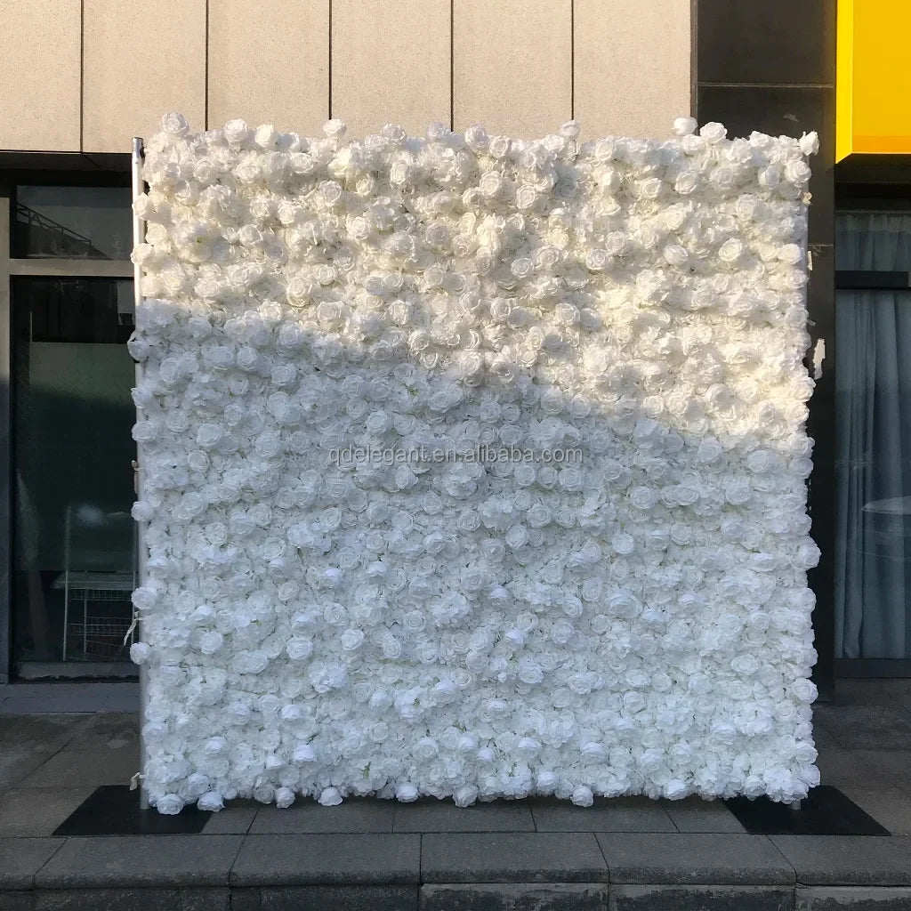 EG-M041 5D 8ft X 8ft Roll up Fabric Flower Wall Artificial Rose White Flower Wall for Wedding Backdrop Decoration