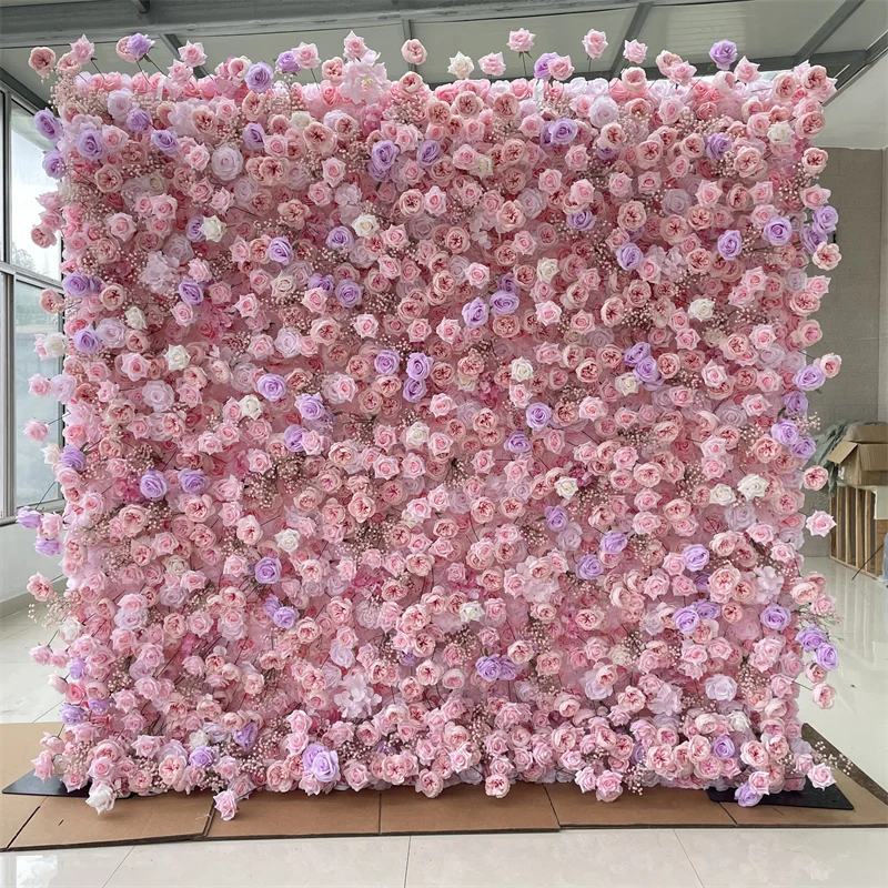 A01 Custom Pink White Floral Wall Panel Backdrop 3D 5D Roll up Zipper Fabric Artificial Silk Rose Flower Wall for Wedding Decor