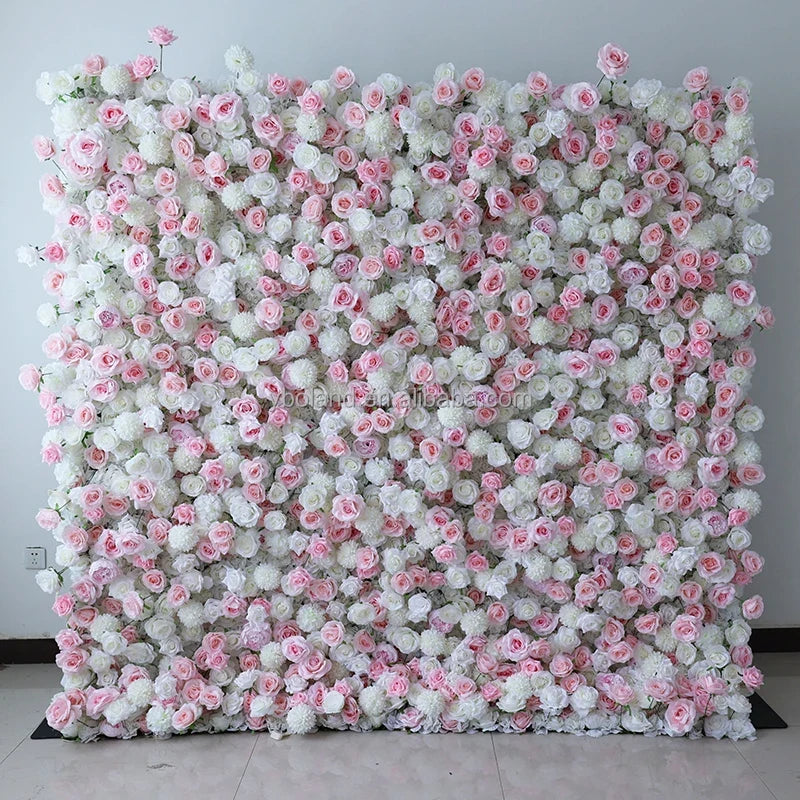 A01 Custom Pink White Floral Wall Panel Backdrop 3D 5D Roll up Zipper Fabric Artificial Silk Rose Flower Wall for Wedding Decor