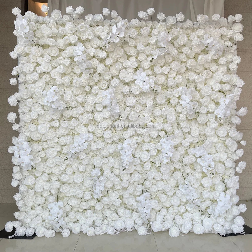 EG-M041 5D 8ft X 8ft Roll up Fabric Flower Wall Artificial Rose White Flower Wall for Wedding Backdrop Decoration