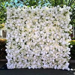 Custom 3d Roll up Fabric Cloth Base Pink Silk Rose Flowerwall Backdrop Panel Decor Artificial Flower Wall for Wedding Decor - #11 white