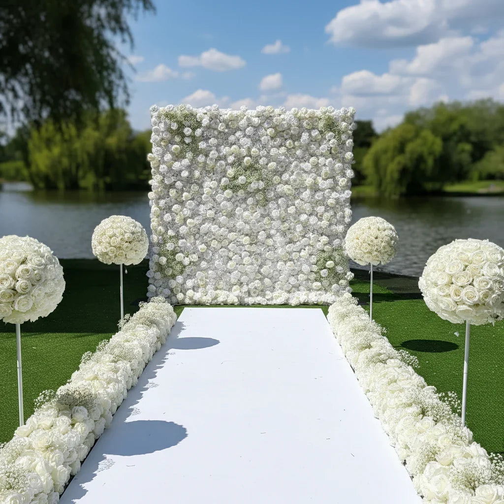 Luxury Modern Detachable 3D Roll-Up Zipper Artificial Silk Baby's Breath Flower Wall Backdrop 8ft X 8ft White Wedding Decoration