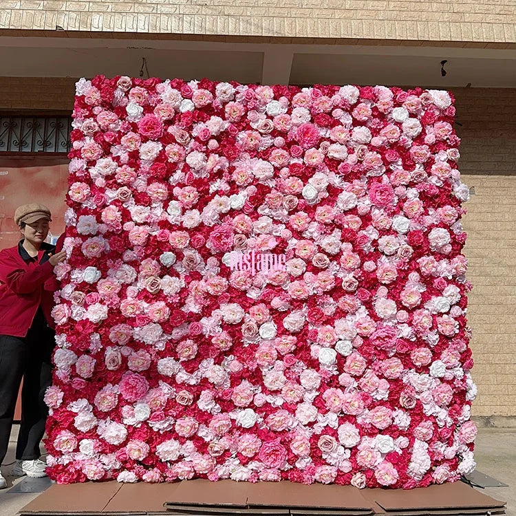 MSFAME Wedding Artificial Flowers Wall Decoration 5D Roll up Backdrop 8X8 Pink Flower Wall