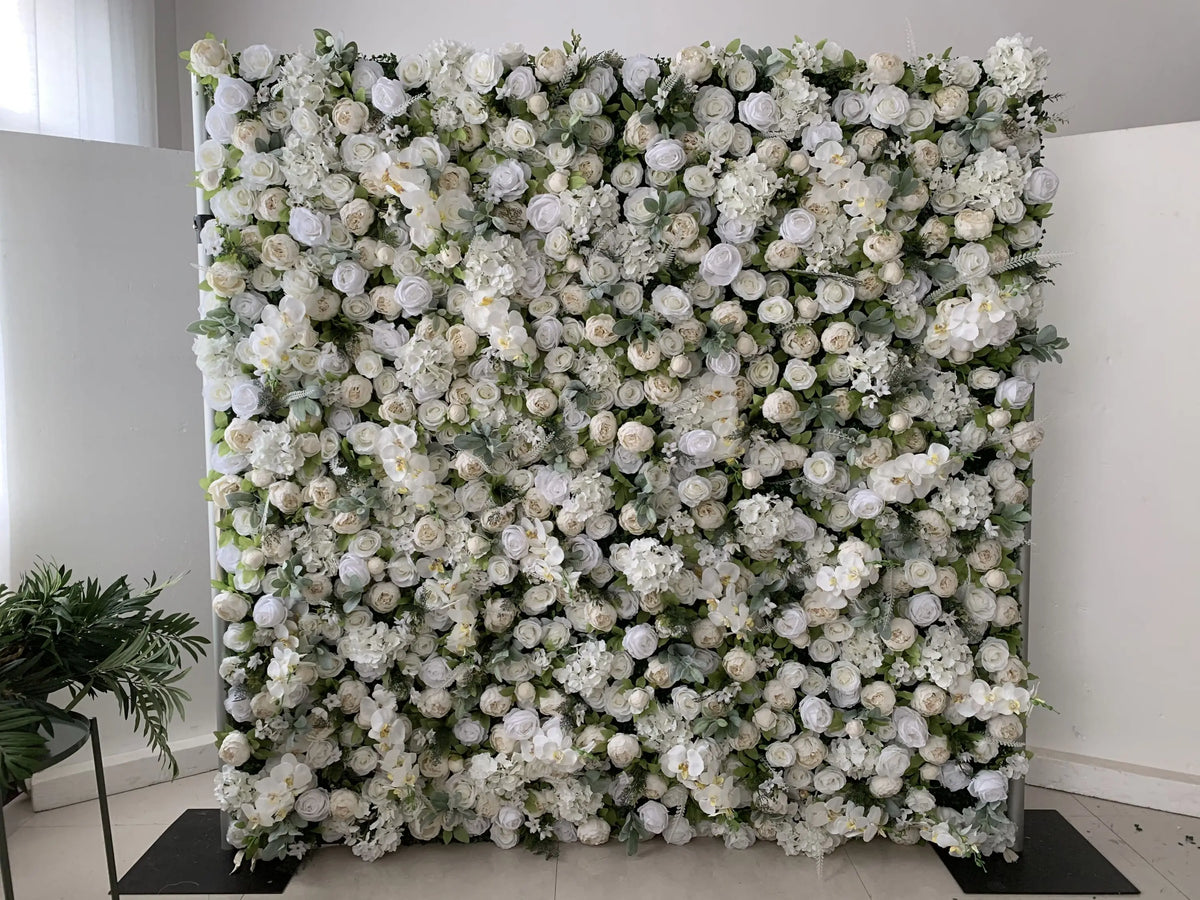 Custom Flower Wall 5D 3D White Roll up Cloth Wedding Decor Artificial Silk Rose Flower Panel Backdrop Flower Wall