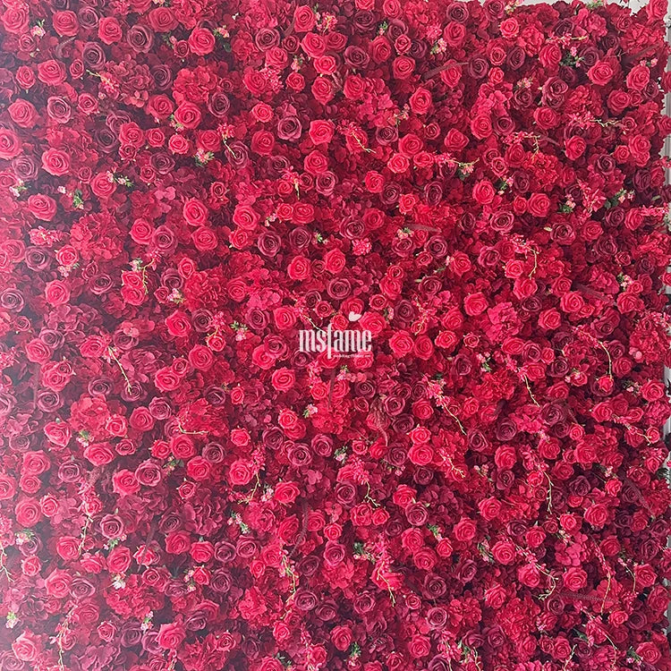 MSFAME Festive Party Supplies Decorative 8Ft X 8Ft Roll up Red Roses Flower Wall Backdrop