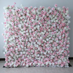 A01 Custom Pink White Floral Wall Panel Backdrop 3D 5D Roll up Zipper Fabric Artificial Silk Rose Flower Wall for Wedding Decor - #17 090-2