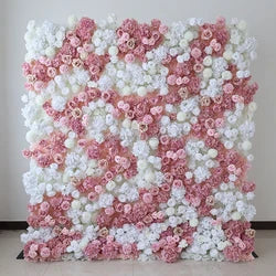 A01 Custom Pink White Floral Wall Panel Backdrop 3D 5D Roll up Zipper Fabric Artificial Silk Rose Flower Wall for Wedding Decor