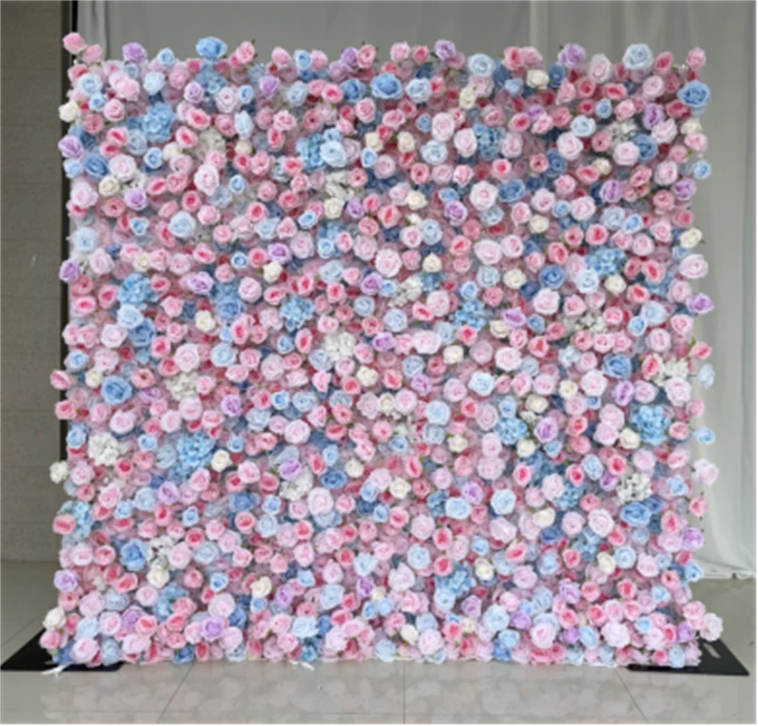 A01 Custom Pink White Floral Wall Panel Backdrop 3D 5D Roll up Zipper Fabric Artificial Silk Rose Flower Wall for Wedding Decor