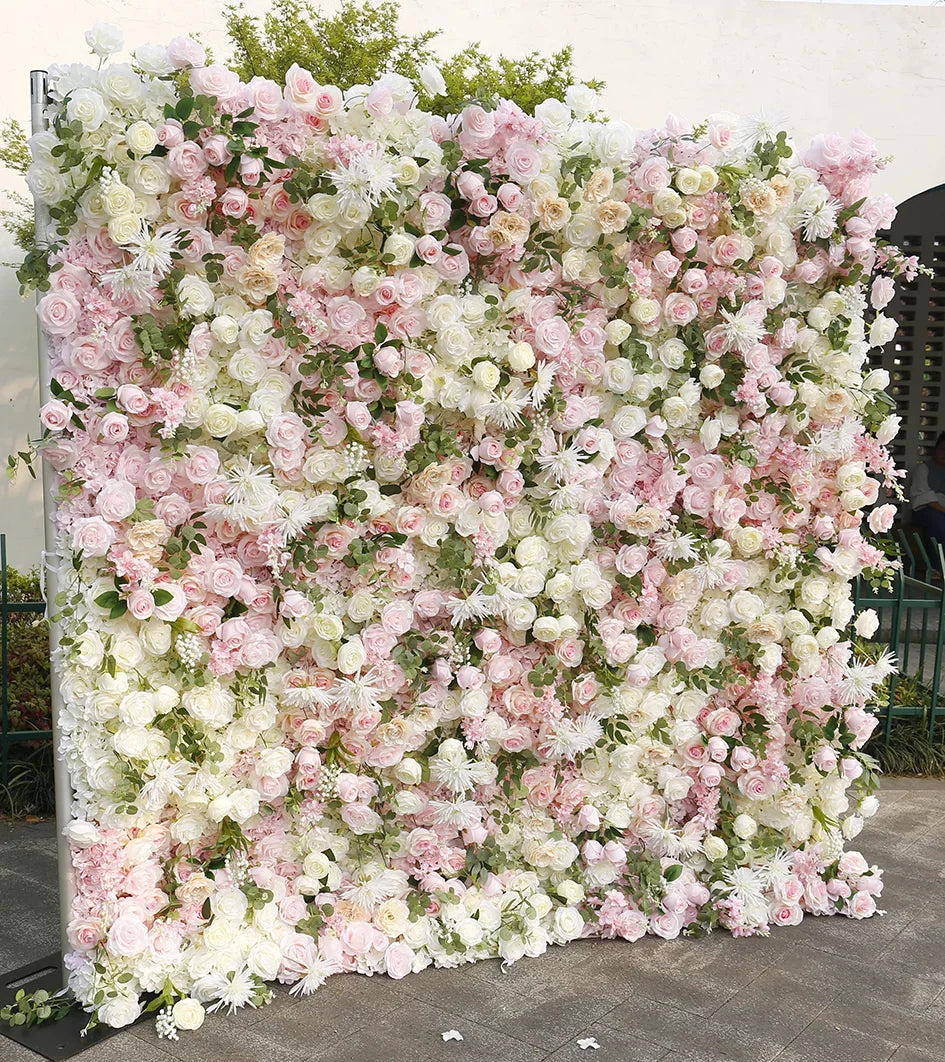 Hot Sale Luxury Custom-made Roll-up Artificial Flower Wall Pink & White Wedding Backdrop