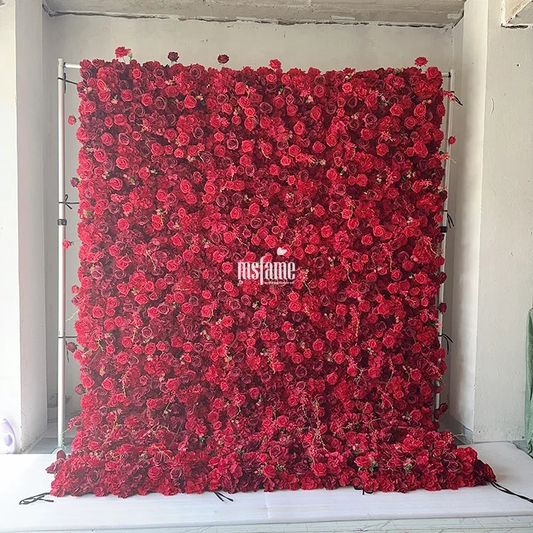 MSFAME Festive Party Supplies Decorative 8Ft X 8Ft Roll up Red Roses Flower Wall Backdrop