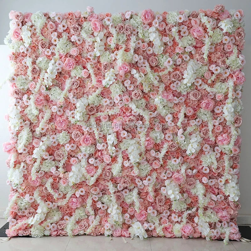 A01 Custom Pink White Floral Wall Panel Backdrop 3D 5D Roll up Zipper Fabric Artificial Silk Rose Flower Wall for Wedding Decor